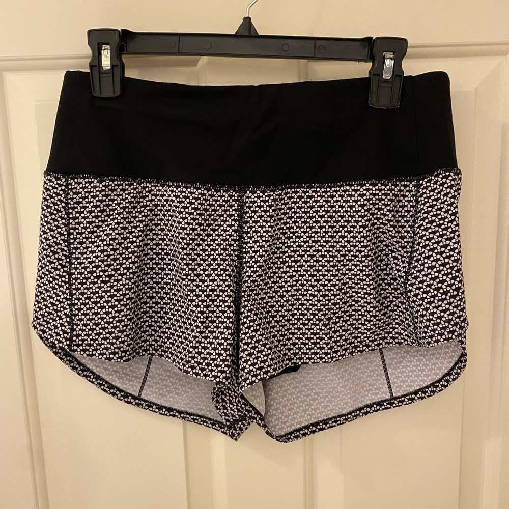 Black and white Lululemon running shorts, 8